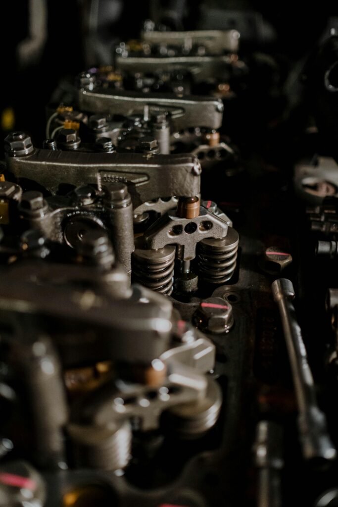 Detailed view of engine components, showcasing metallic parts and intricate design.
